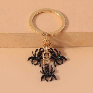 Detail of golden metal keyring with three glossy black 3D spider charms on a pedestal