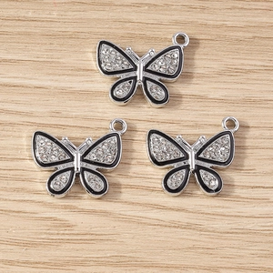 Pendentifs papillon en argent avec émail noir et strass pour création de bijoux