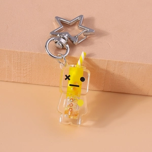 Close-up of a creative luminous drink keychain with star-shaped clasp and acrylic charm