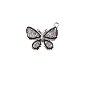 Pendentif papillon argenté avec émail noir et strass brillants pour création de bijoux DIY