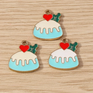Blue dessert-shaped enamel pendants with red heart and green leaf for jewelry DIY