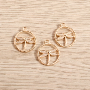 Golden dragonfly pendant charm in rope frame for DIY jewelry necklace and bracelet