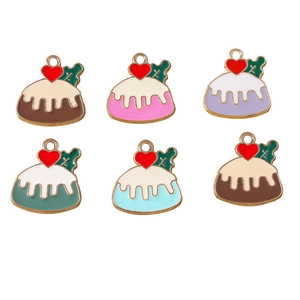 Set of six colorful pudding cake alloy charms with heart and holly leaf for DIY jewelry