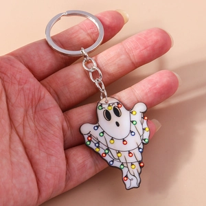 Cute Cartoon Ghost Keychain With Colorful Light Bulbs Pattern Acrylic Halloween Ghost Pendant For Backpack Keys Gift
