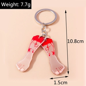 Detail showing bloody severed feet acrylic keychains with size 10.8cm and 7.7g weight