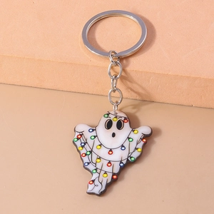 Creative Halloween ghost keychain with colorful light bulbs and silver metal ring