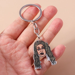 Close-up of acrylic cartoon Halloween character keychain with silver metal ring