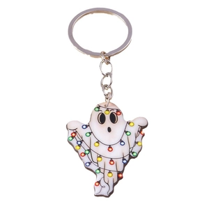 Creative Halloween ghost keychain with colorful light bulb patterns on white background