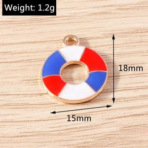 Detailed view of nautical lifebuoy charm with red blue enamel and size measurements
