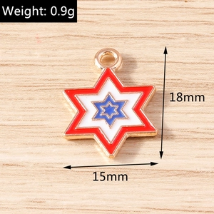 Macro detail of star shaped enamel pendant with red white blue colors and dimensions