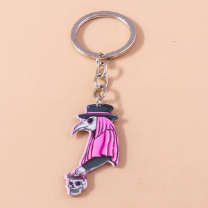 Pink plague doctor cartoon keychain with bird mask and skull basket on silver metal ring