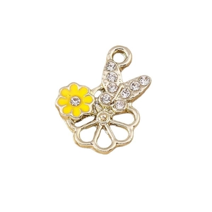 Pendentif fleur papillon doré avec pétales jaunes et strass pour bijoux DIY