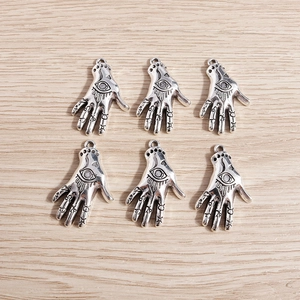 Set of 6 vintage silver Hamsa Hand pendants with eye symbols for DIY jewelry making