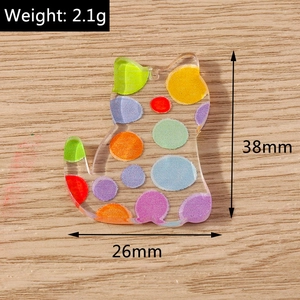 Detail showing acrylic cat pendant size 38mm by 26mm with colorful polka dots