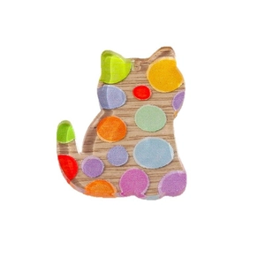 Acrylic cat shaped pendant with colorful polka dots and wood grain texture for DIY