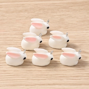 Set of 6 cute 3D rabbit charms with silver metal rings for DIY jewelry making and crafts