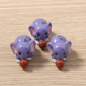 Set of three purple resin elephant charms with silver rings for jewelry making