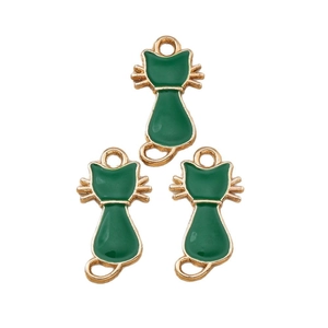 Trois breloques chat en émail vert avec finition dorée pour la fabrication de bijoux DIY