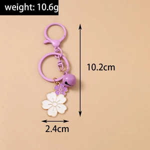 Detailed view of purple cherry blossom keychain with size dimensions and spring clasp