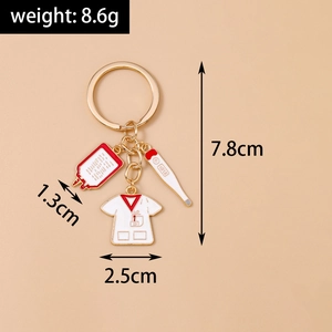 Nurse medical keychain detail with alloy enamel blood bag, uniform and thermometer pendants