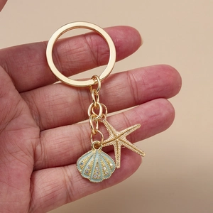 Ocean Starfish Shell Rhinestone Zinc Alloy Keychain Gold Blue Enamel Marine Animal Bag Pendant Charm For Women Gift