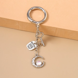 Silver alloy heart crown key and moon pendant keychain with rhinestones and engraving