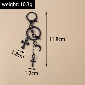 Gothic Schlüsselanhänger aus schwarzem Metall mit Kreuz und Mond, Länge 11,8cm, 10,3g