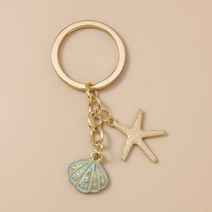 Fashionable gold starfish and blue shell keychain with rhinestones for bag decoration