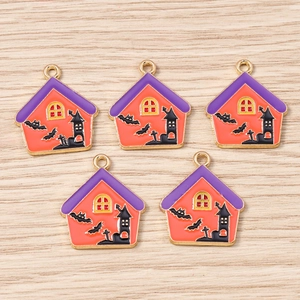 Five creative Halloween haunted house enamel charms with bat motifs for DIY jewelry making