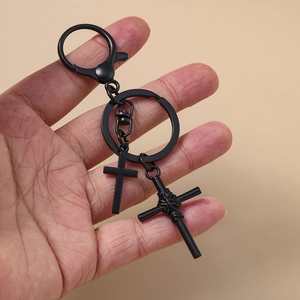 Gothic Schwarzer Metall Doppelkreuz Schlüsselanhänger mit Stern Karabinerhaken