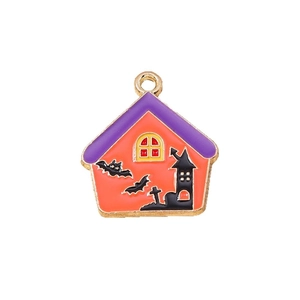 Orange Halloween castle house charms with purple roof and bats for DIY jewelry making