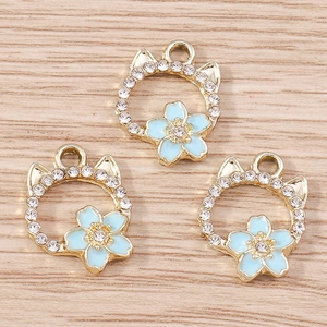 Blue enamel cat flower charms with gold plating and rhinestones for DIY jewelry making