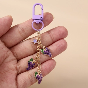 Chic purple grape fruit keychain with gold metal chain and D-ring clip for bags