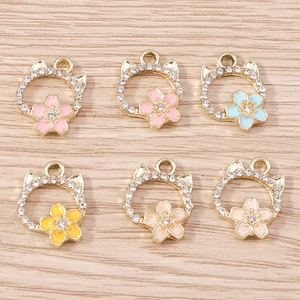 Alloy Cat Ear Cherry Blossom Charms With Rhinestone Enamel Sakura Pendants For DIY Jewelry Making Necklaces Earrings