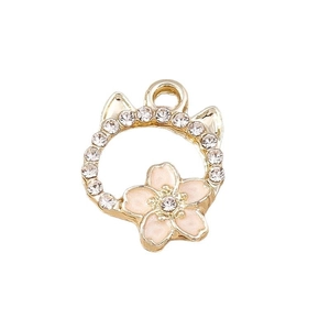 Golden cherry blossom cat pendant with pink enamel and sparkling white rhinestones