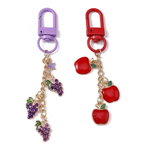 Fashionable grape and apple keychains with colorful enamel fruit charms and metal hooks