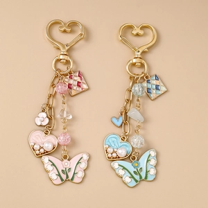 Fashion Butterfly Heart Keychain For Women Zinc Alloy Enamel Bag Pendant With Artificial Pearl Sweet Style Key Ring Accessory