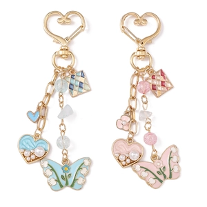 Chic heart and butterfly keychains set with enamel charms and pearls in blue and pink