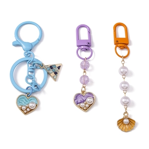Chic pearl heart and shell keychain set with colorful enamel charms for backpack