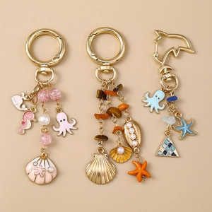 Porte-clés en Alliage de Zinc Thème Marin Émail Hippocampe Poulpe Étoile de Mer Coquillage Künstliche Perle d'Imitation Bijou de Sac Femme Cadeau