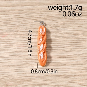 Detailed size view of resin baguette bread pendant charms with measurements and metal ring