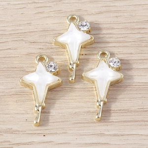 Golden star pendants with rhinestones and white inlay for jewelry making and DIY crafts