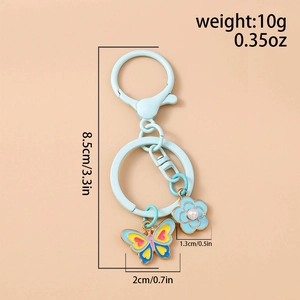 Detailed size specifications for light blue enamel butterfly and flower keychain