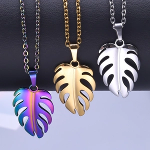 Minimalist 18k gold plated stainless steel monstera leaf necklace in three colors