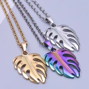 Three-piece stainless steel monstera leaf pendant necklaces in gold, silver and rainbow finish