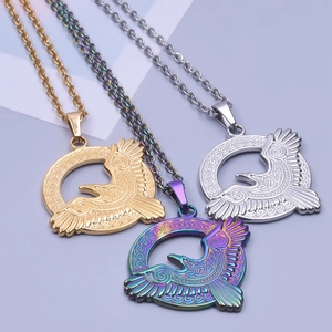 Stainless steel eagle pendants with Celtic knot design in gold, silver, and rainbow finishes
