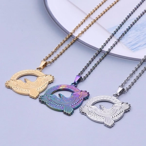 Detailed trio of eagle circle pendants in gold, silver and rainbow plated stainless steel