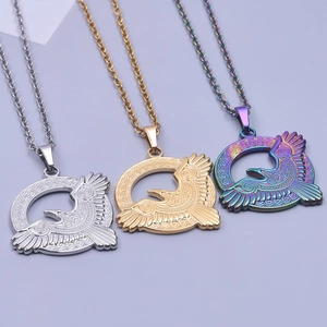 Detail showing eagle pendants in silver, gold, and rainbow finish with O-chains
