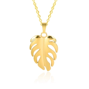 Detail of a gold Monstera leaf pendant on a delicate cable chain with high-quality finish