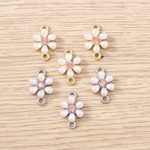 Exquisite pearl flower jewelry connectors with pink rhinestone in gold and silver plating